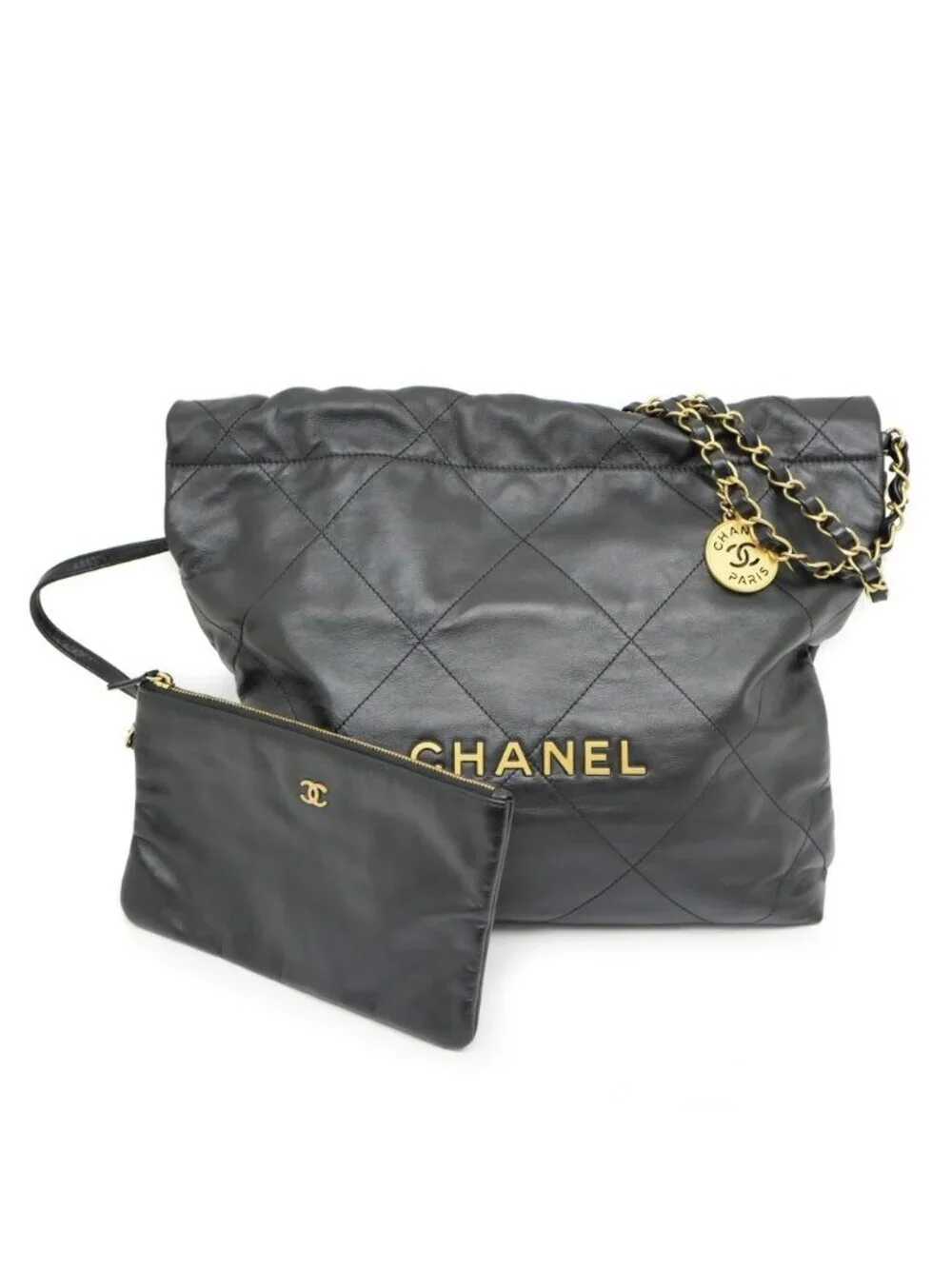 Chanel 22 Small Handbag Black Gold Calfskin Chain